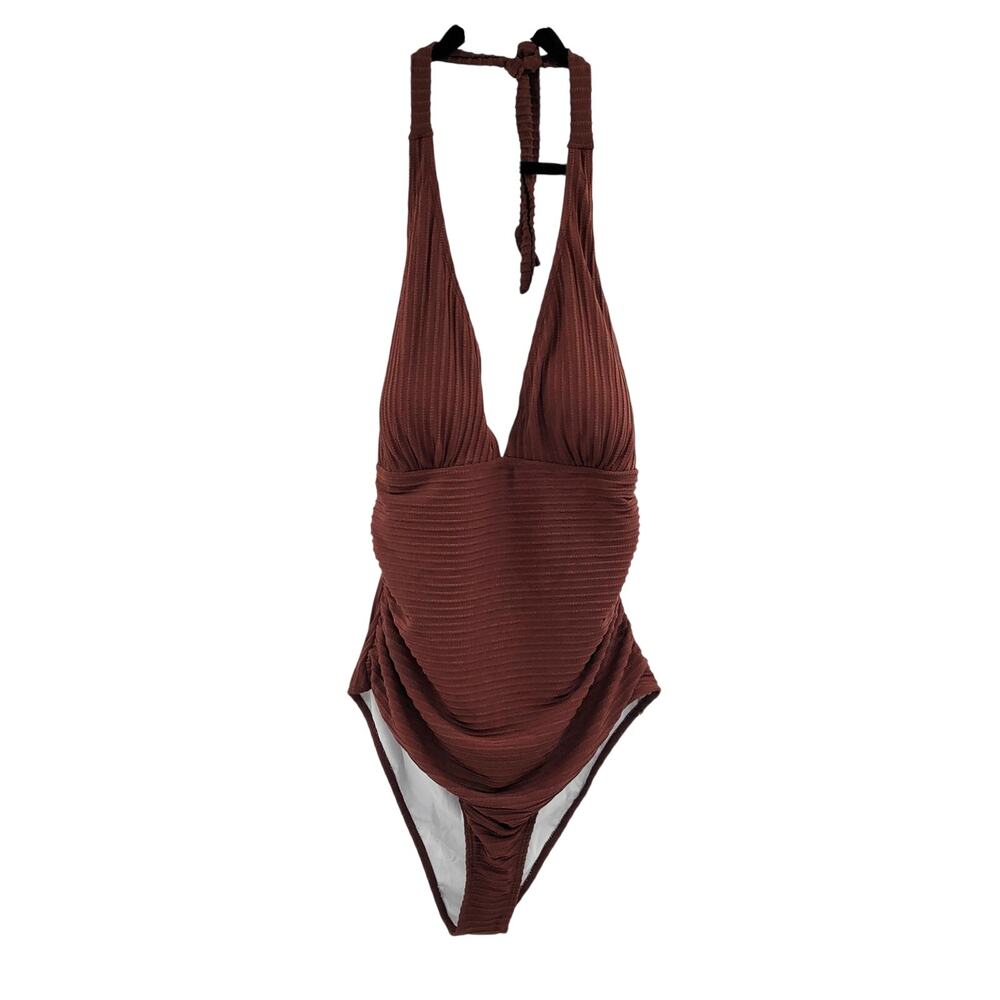 Chocolate Brown Women's Size XL Ribbed Halter Neck Textured One Piece Swimsuit